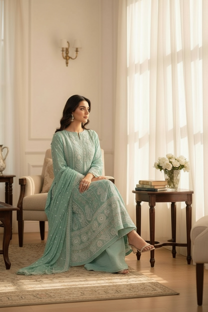 Mint Green Anarkali with Chikankari and Embellishments