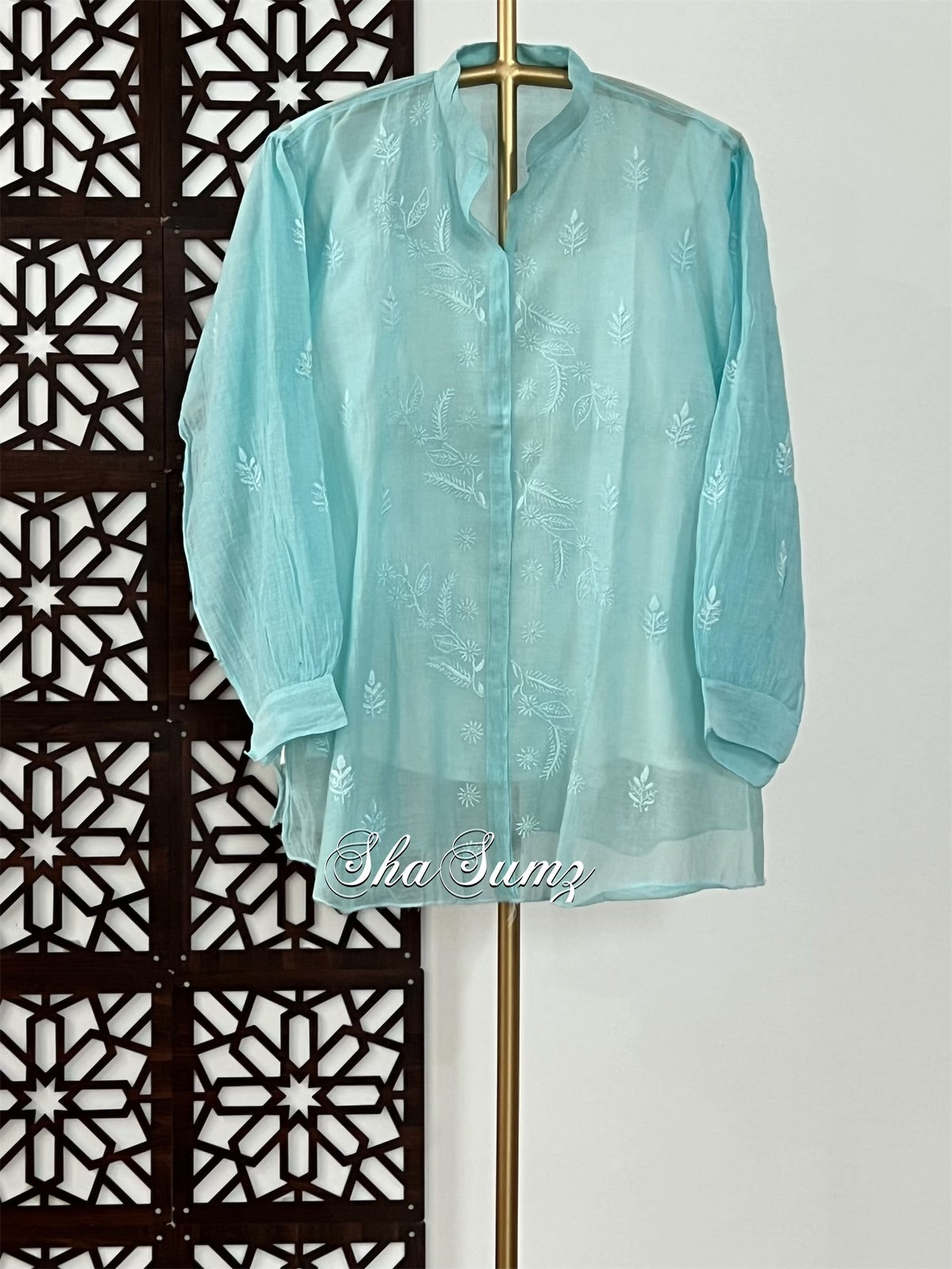 Sky Blue Mul Chanderi Chikankari Shirt