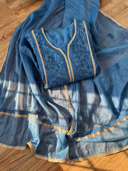 Egyptian Blue Mul Peshwaz with Chikankari & Kamdani