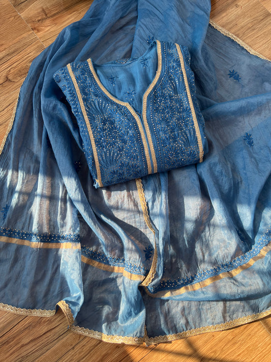 Egyptian Blue Mul Peshwaz with Chikankari & Kamdani