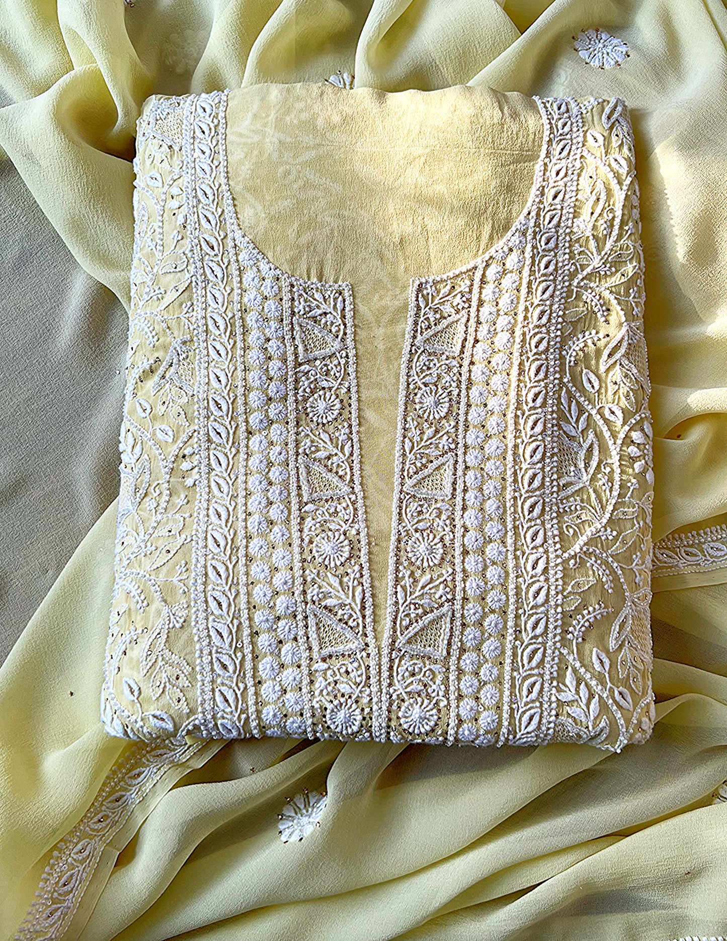 Soft Pastel Yellow Pure Georgette Suit with Do Taar Chikankari, Kamdani & Embellishments