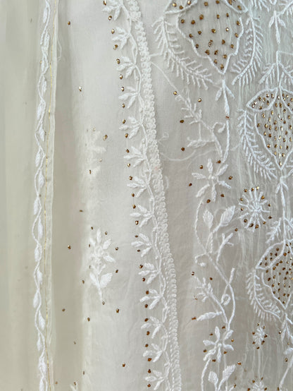 White Pure Organza Chikankari Suit Set with Kamdani (Dyeable) – Handcrafted Lucknowi Chikankari
