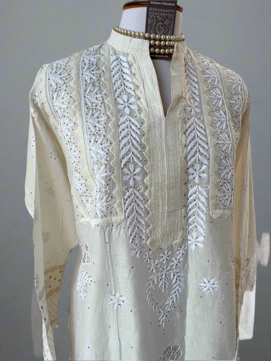 Pearl White Chanderi Kurti with Chikankari, Appliqué & Kamdani