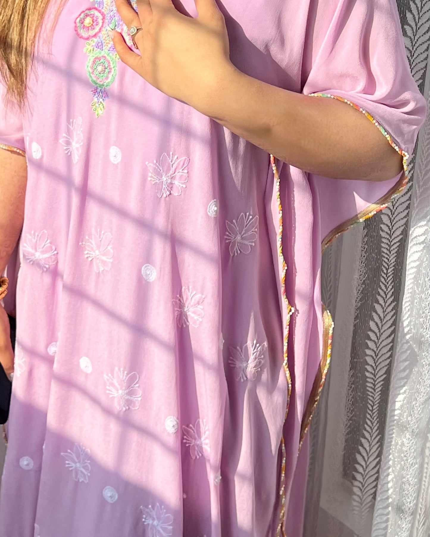 Lilac Kaftan with Chikankari, Pearls & Resham Thread Parsi Gara Neckline