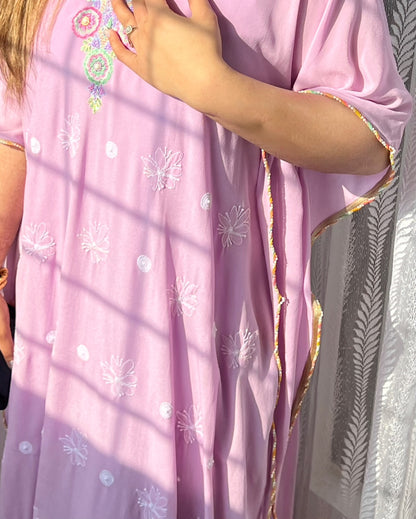 Lilac Kaftan with Chikankari, Pearls & Resham Thread Parsi Gara Neckline