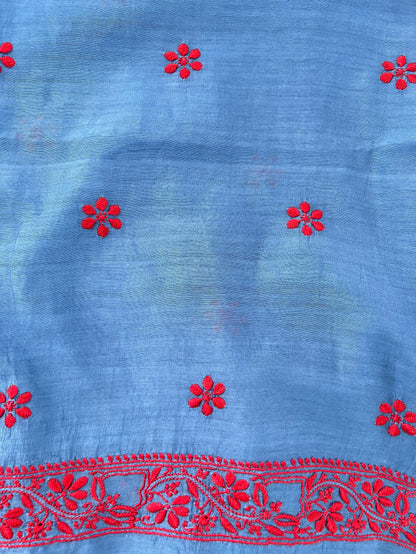 Blue Mul Chanderi Suit with Chikankari