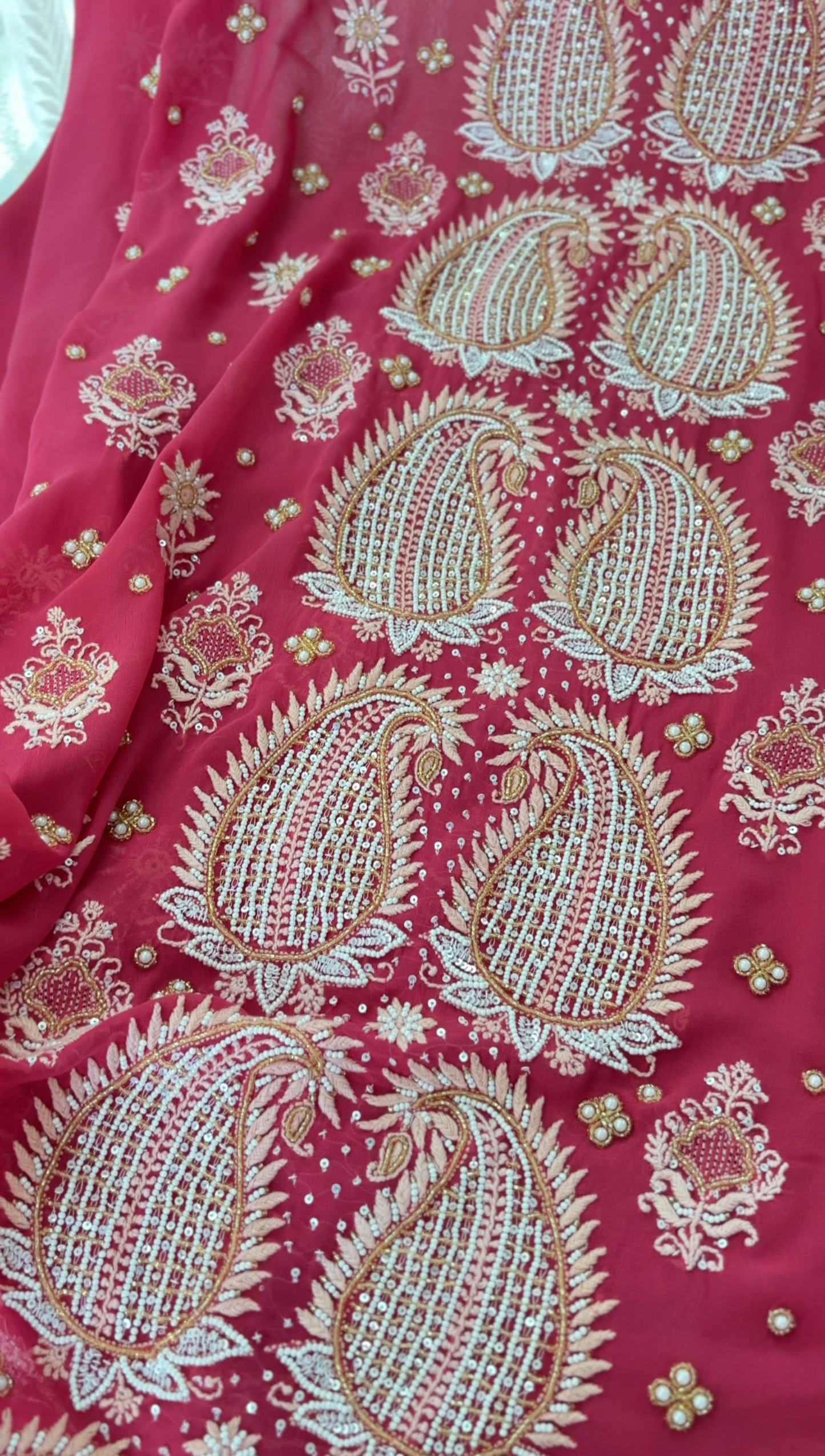 Soft Red Pure Georgette Suit with Chikankari & Embellishments