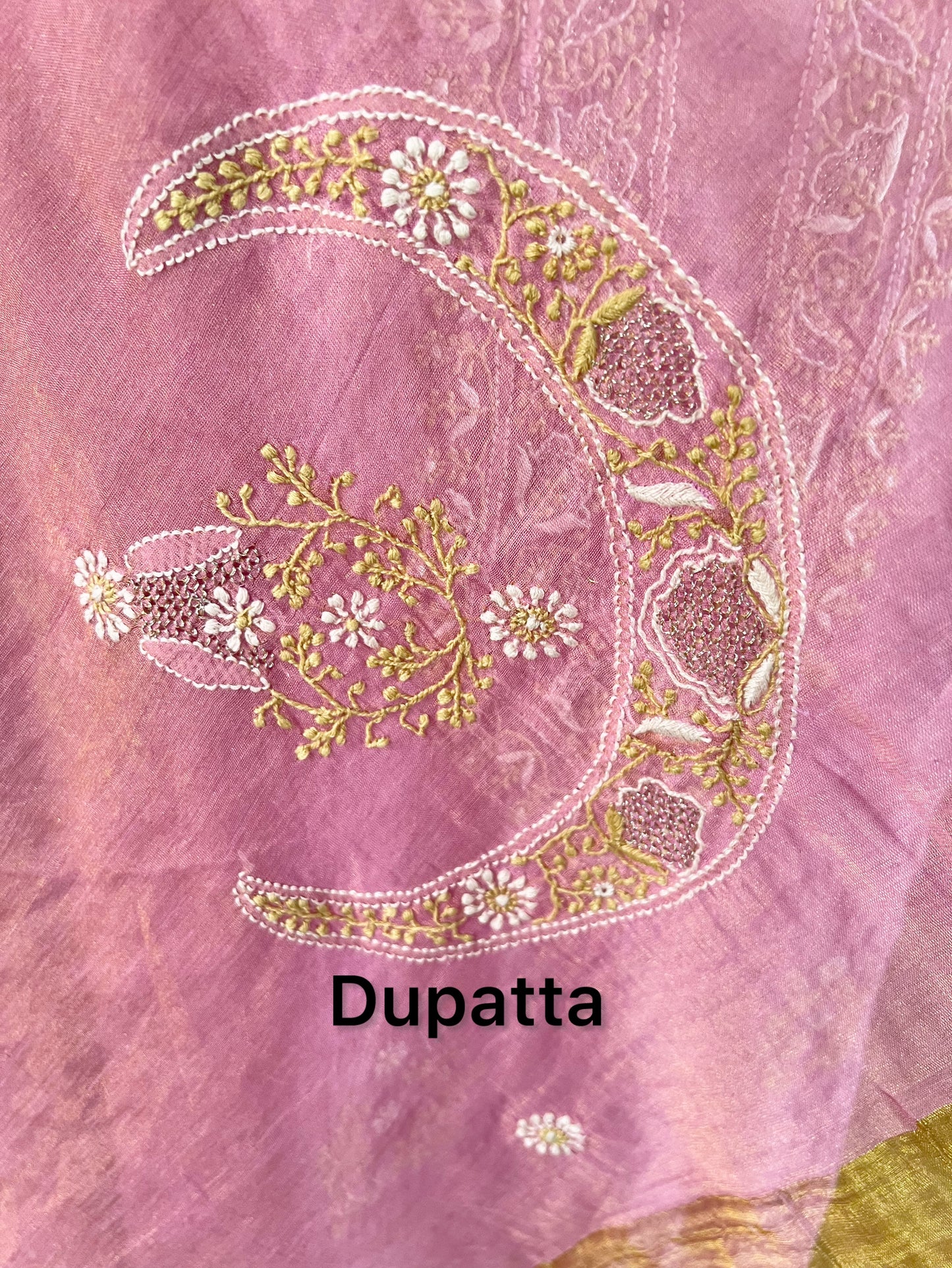 Dusty Rose Tissue Chanderi Silk Suit with Chikankari | Crescent Design