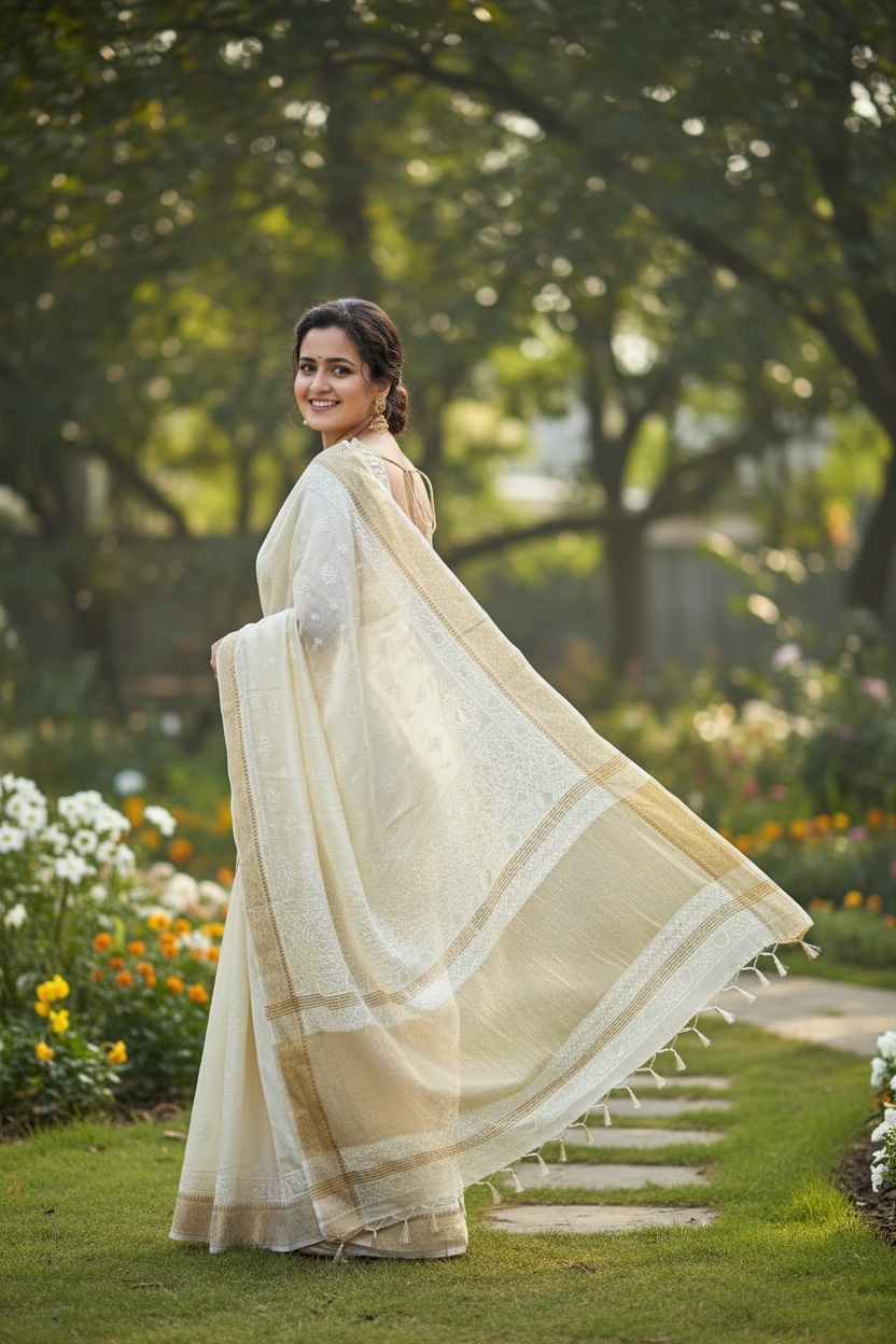 Model wearing Pure Silk Saree with Chikankari & Zari Border