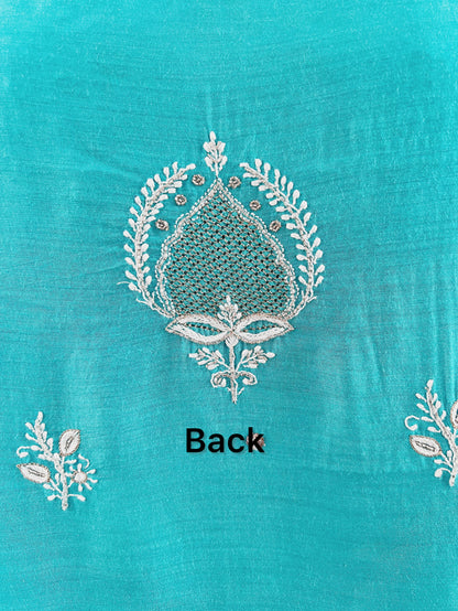 Pure Munga Silk Chikankari with Embellishments | Turquoise Classic