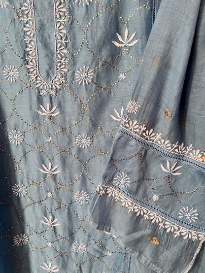 Powder Blue Chikankari & Mukaish Chanderi Silk Suit Set