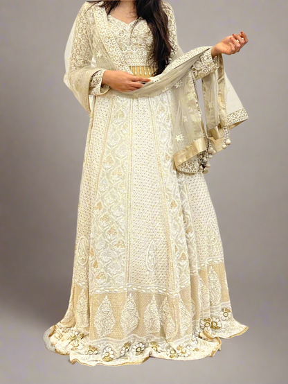Ivory & Gold Lehenga Skirt with Chikankari, Zardozi & Embellishments