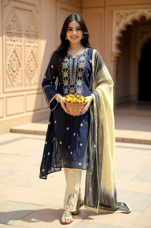 Midnight Blue Mul Chanderi Suit with Chikankari & Appliqué