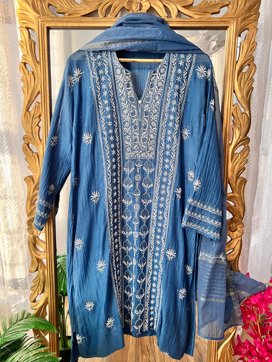 Prussian Blue Mul Chanderi Suit Set with Hand-Embroidered Chikankari & Kamdani