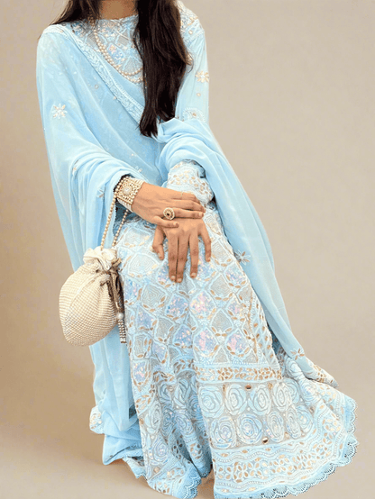 Powder Blue Anarkali with Chikankari & embellishments