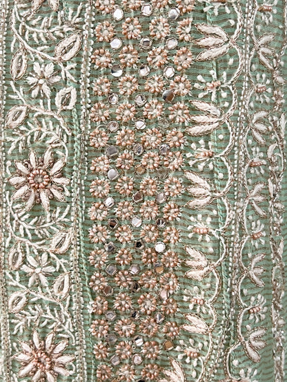 Sage Green Striped Tissue Chanderi Anarkali- Chikankari and embellishments