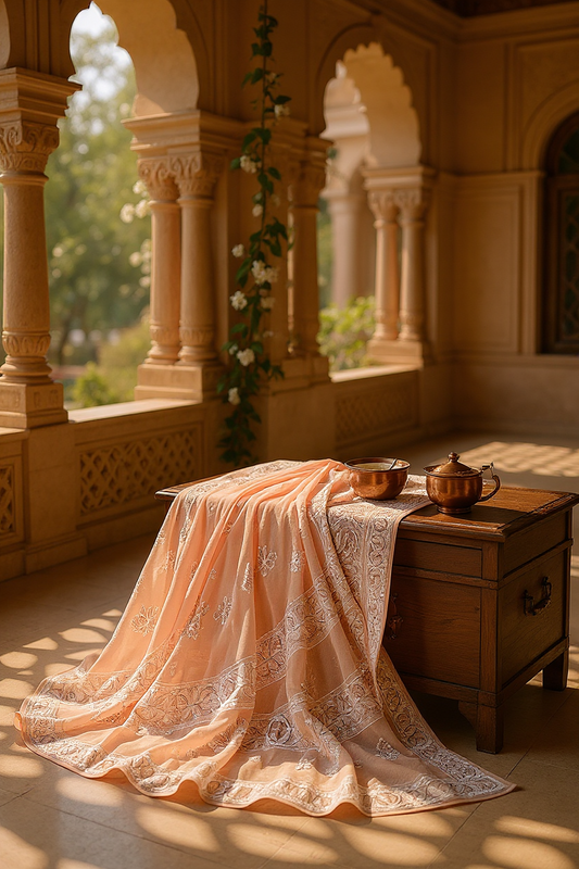 Pastel Peach Saree with Chikankari & Embellishments