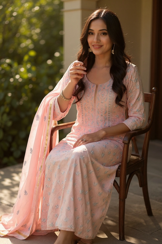 Blush Pink Mul Chanderi Chikankari Suit