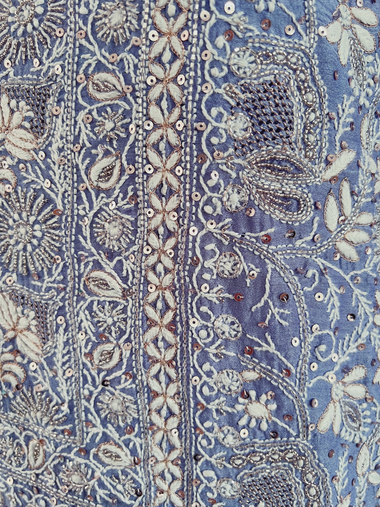 Periwinkle Blue Pure Munga Silk Chikankari & Embellishments Suit