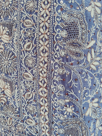 Periwinkle Blue Pure Munga Silk Chikankari & Embellishments Suit