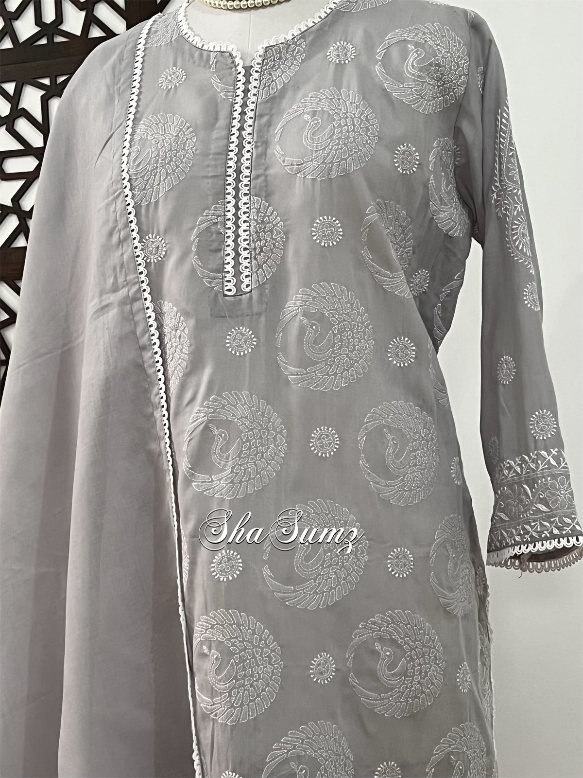 Birds Design Suit on Light Grey Cotton Voile