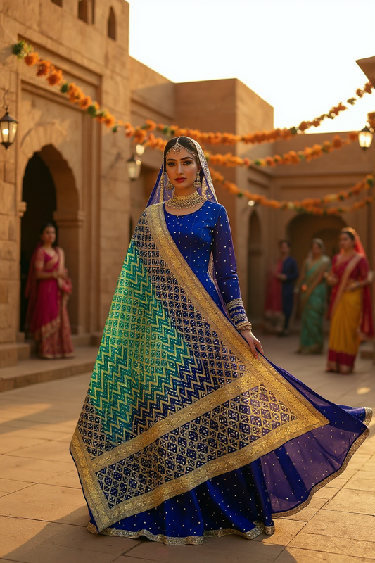 Royal Blue and Green Banarsi Bandhej Dupatta with Mukaish