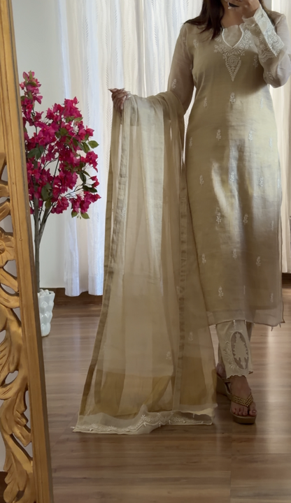 Natural Pure Tissue Silk Hand-Embroidered Chikankari Suit Set with Pearl Detailing