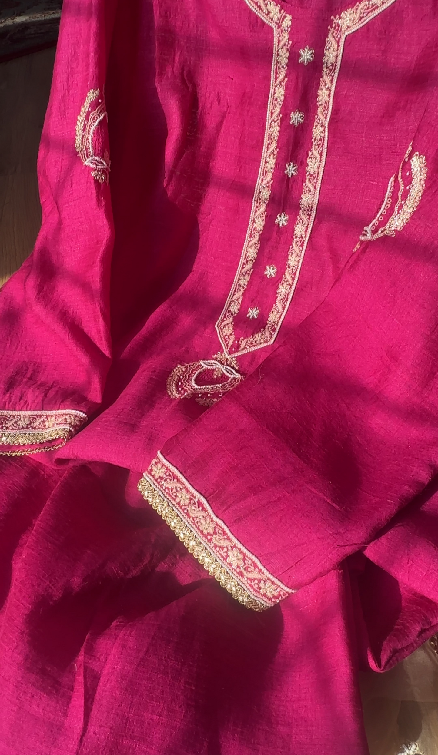 Fuchsia Rose Pure Silk Kurta Set with Chikankari & Embellishments