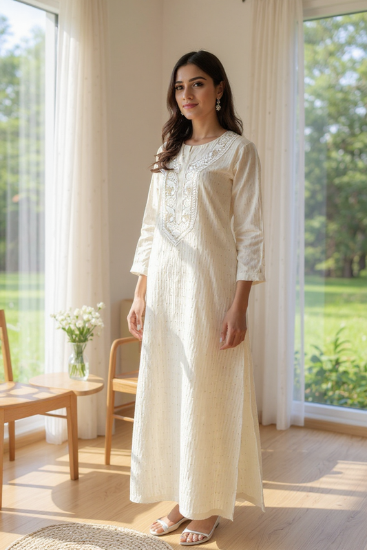 Elegant woman wearing a pure silk Chikankari kurta with embellishments, standing in a bright living space.