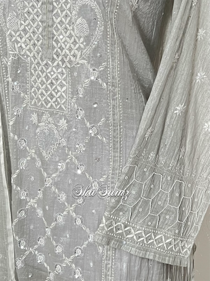 Silver Tissue Chikankari & Embellishments Suit