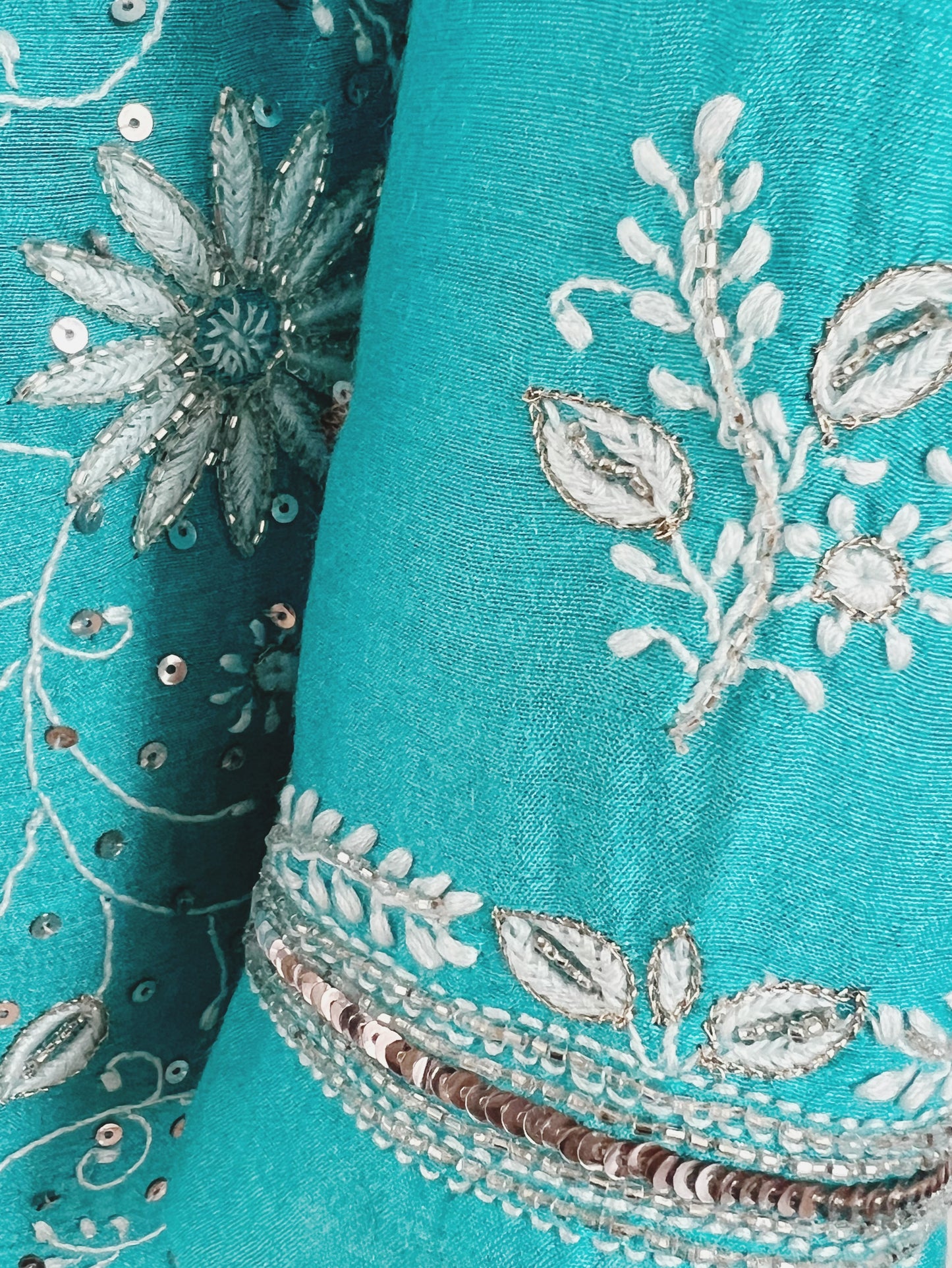Pure Munga Silk Chikankari with Embellishments | Turquoise Classic