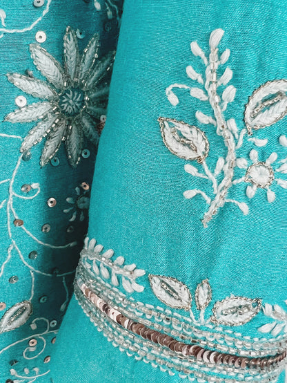 Pure Munga Silk Chikankari with Embellishments | Turquoise Classic