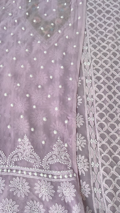 Lavender Luxe: Pure Georgette Suit with Chikankari & Zardozi