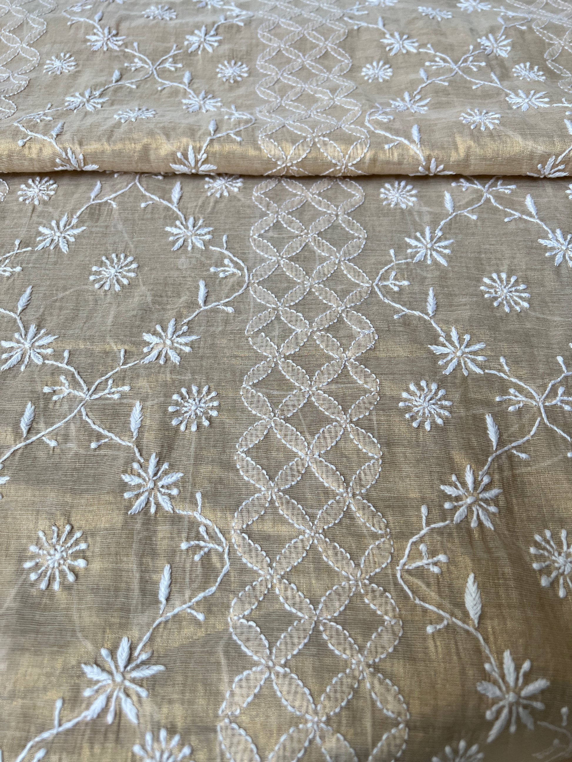 Close up of Tissue Silk Chikankari Kurta for Men