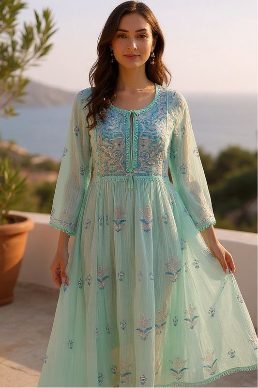Cool Mint Green Mul Chanderi Peshwaz with Chikankari