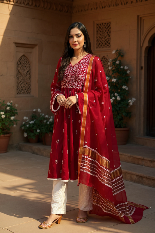 Scarlet Red Cotton Chikankari Kalidar Kurti