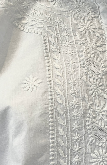 Pearl White Cotton Kurta with Chikankari & Haath Jaali