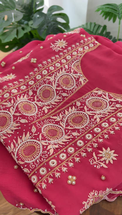 Soft Red Pure Georgette Suit with Chikankari & Embellishments