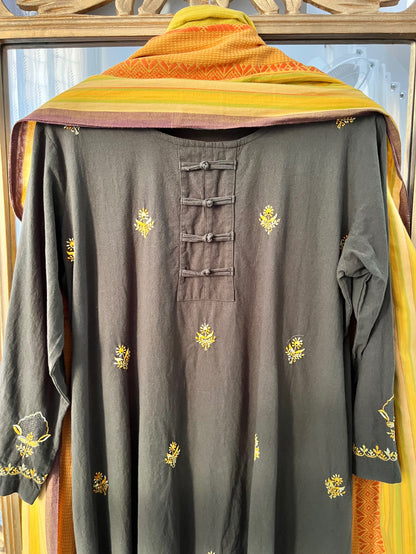 Olive Green Kurta Set with Multi Colour Chikankari & Haath Jaali