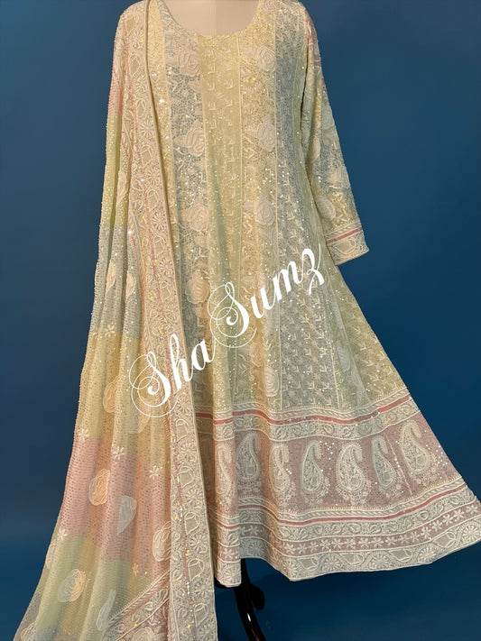 Anarkali with Roses Design in Do Taar Chikankari and embellishments