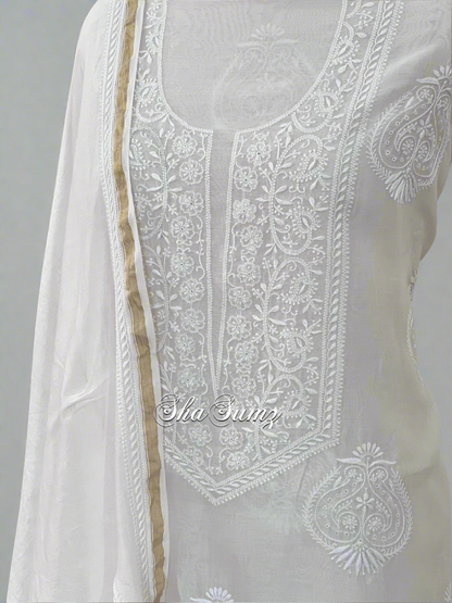 White Pure Chanderi Silk Suit with Do Taar Chikankari