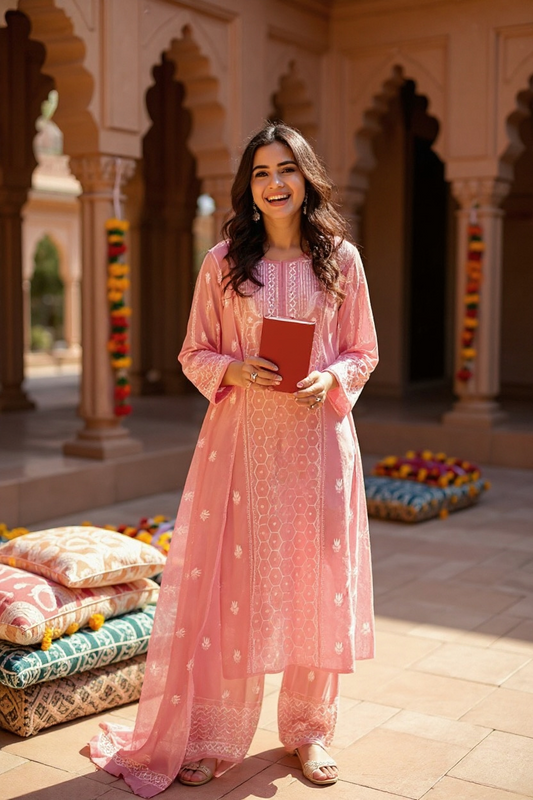 Onion Pink Tissue Chanderi Suit with Chikankari & Pearls