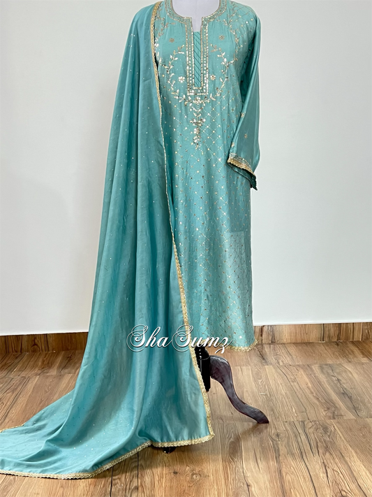 Teal Green Badla Mukaish Chanderi Suit