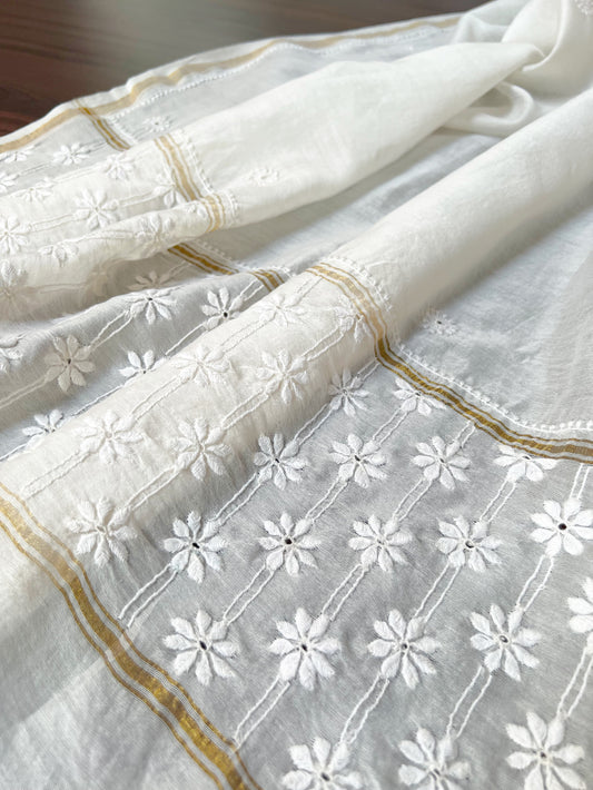 Chanderi Dupatta with Hand-Embroidered Chikankari – Dyeable & Customizable