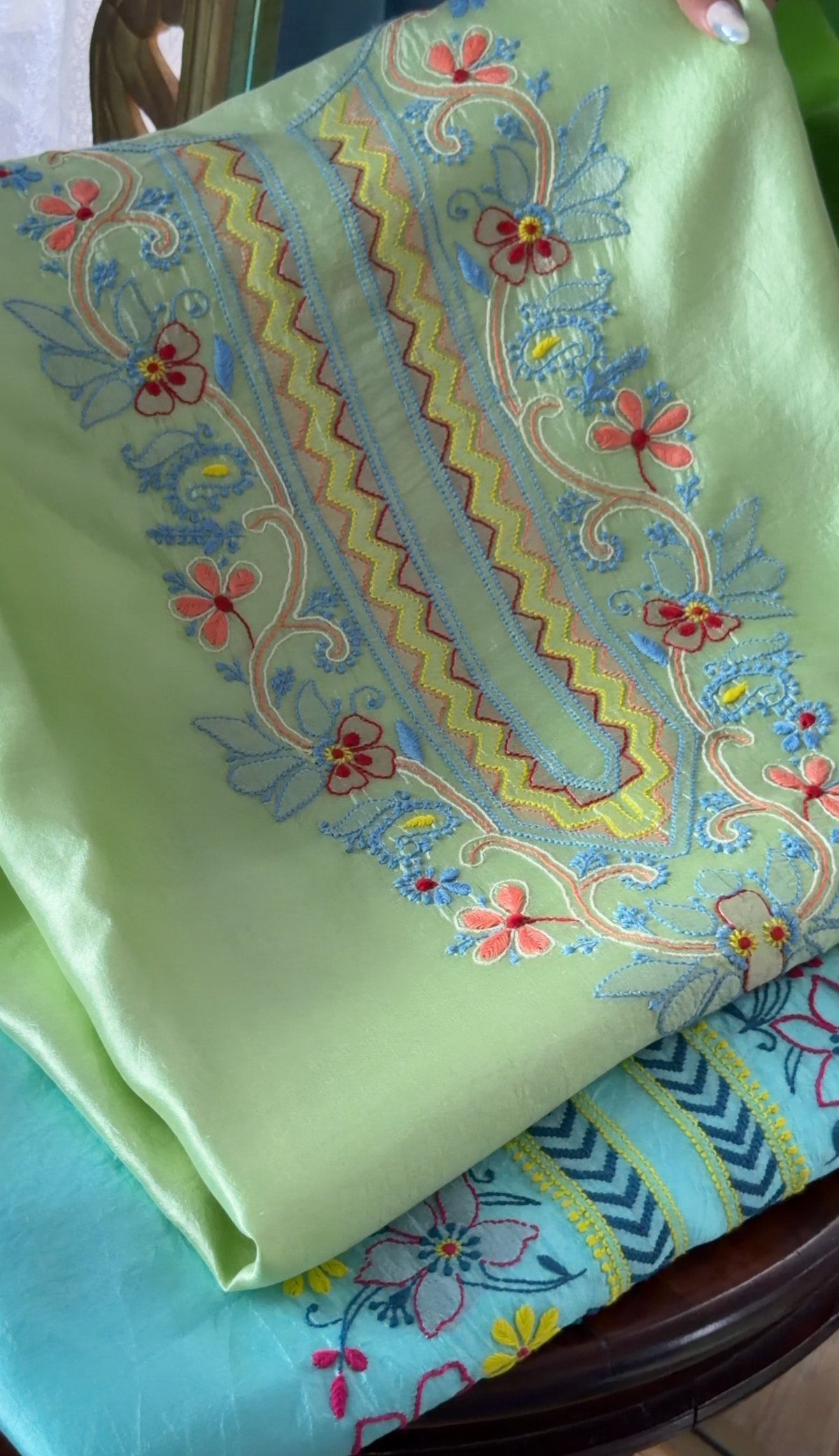 Pure Handwoven Silk Kurta Set with Multi Color Chikankari