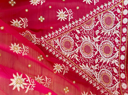 Soft Red Pure Georgette Suit with Chikankari & Embellishments
