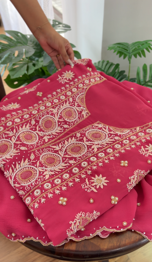 Soft Red Pure Georgette Suit with Chikankari & Embellishments