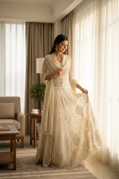 Off White Mukaish Pure Georgette Lehanga Set