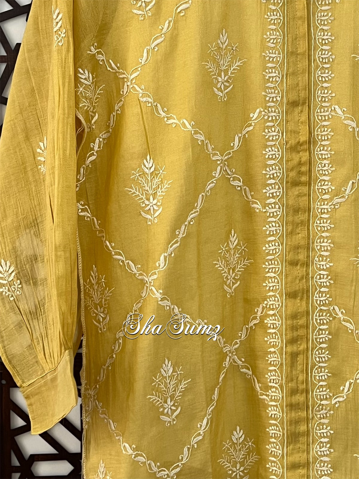 Golden Yellow Tissue Chanderi Silk Chikankari Shirt