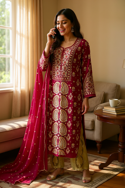 Soft Red Pure Georgette Suit with Chikankari & Embellishments